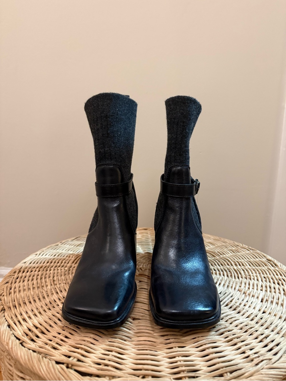 Sam Edelman Marci Black Leather & Knit Buckle Block Heel Ankle Boots - Picture 3 of 6